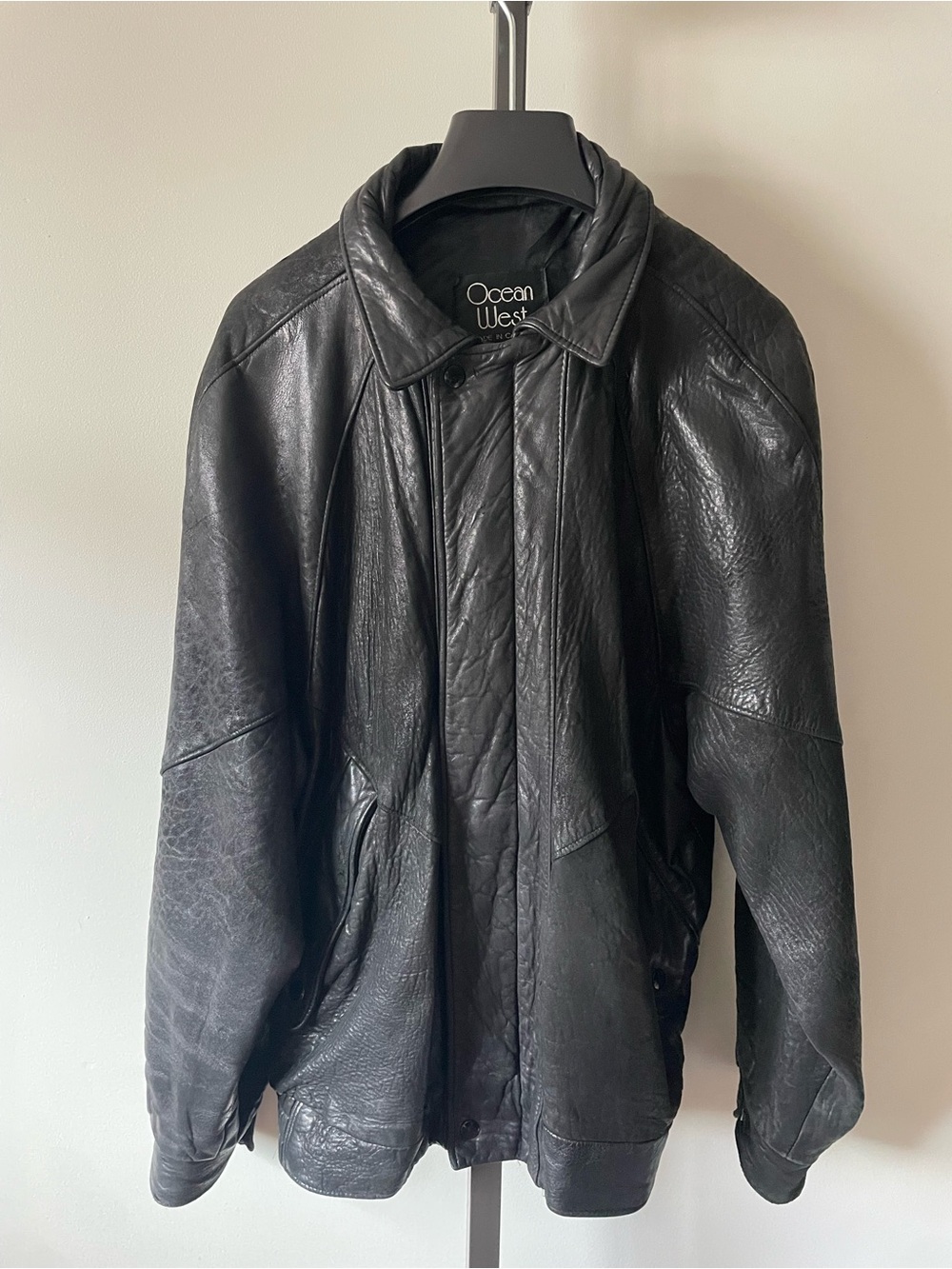 Vintage 80s 90s Ocean West Black Slouchy Leather Bomber Jacket Long Longline